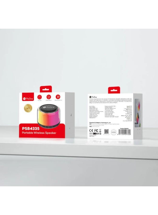 برو واحد ProOne PSB4335 is a compact portable Bluetooth 5.3 speaker with 3W output, RGB lighting, and a 52mm driver, featuring a 400mAh battery that offers up to 2 hours of playtime, Type-C fast charging in about 1 hour, and a 10m wireless range, while also supporting TWS stereo pairing, Bluetooth calling, TF card support up to 32GB, and MP3/WAV audio playback. - Image 1