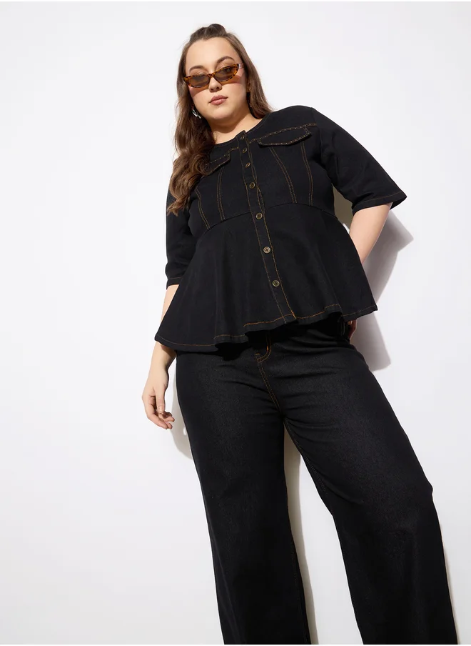 ساسافراس Plus Size Plain Denim Peplum Top and Jeans Co-Ords