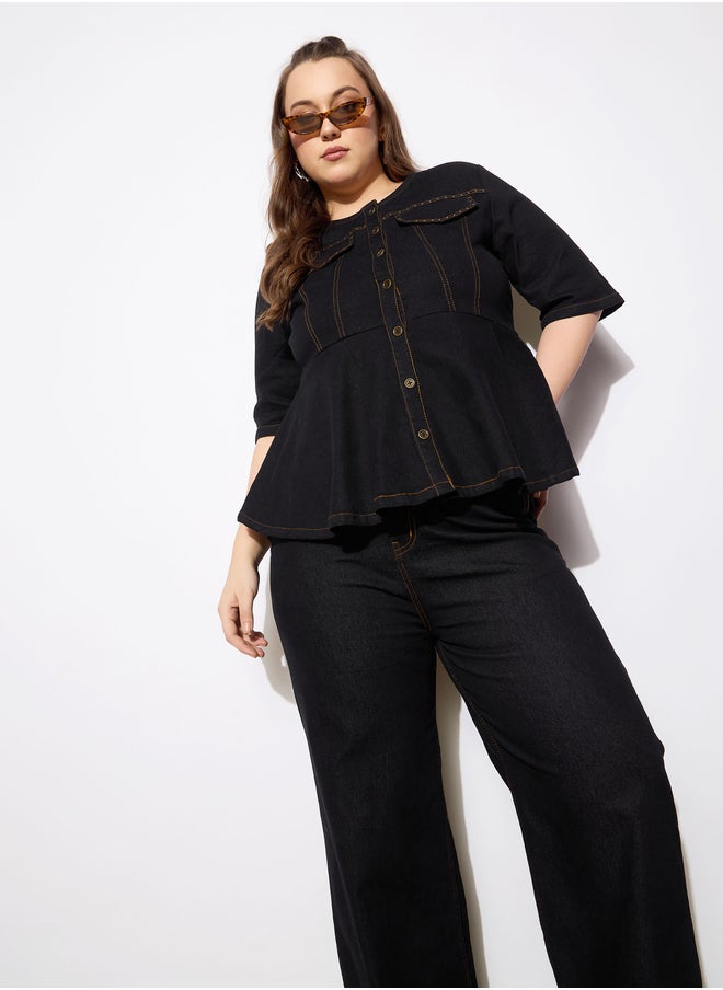 SASSAFRAS Plus Size Plain Denim Peplum Top and Jeans Co-Ords  - Image 1