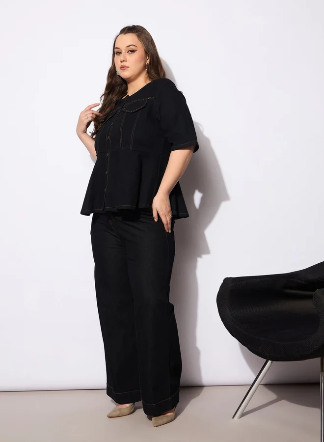 SASSAFRAS Plus Size Plain Denim Peplum Top and Jeans Co-Ords