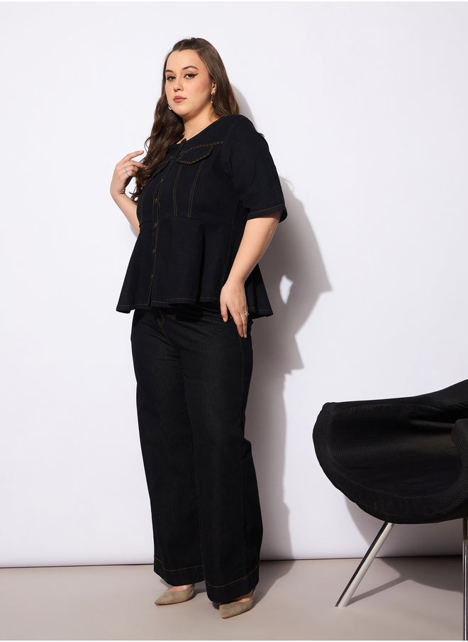 SASSAFRAS Plus Size Plain Denim Peplum Top and Jeans Co-Ords  - Image 3