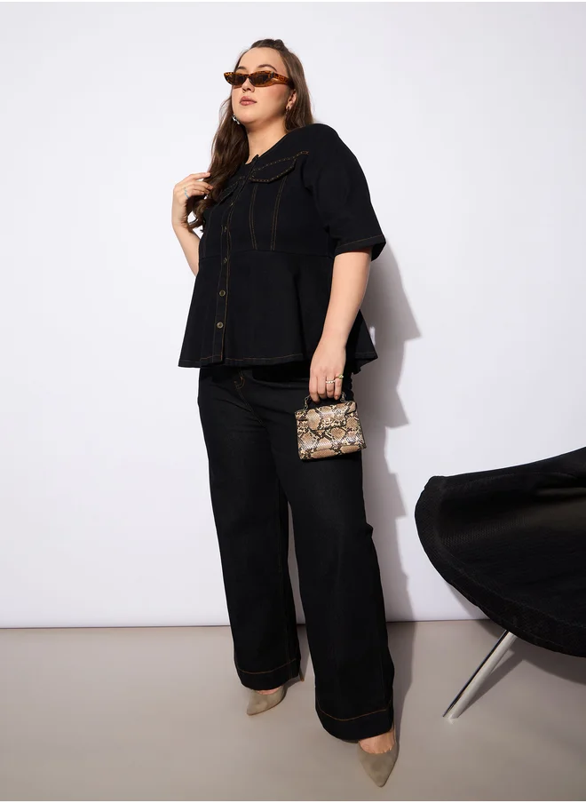 ساسافراس Plus Size Plain Denim Peplum Top and Jeans Co-Ords