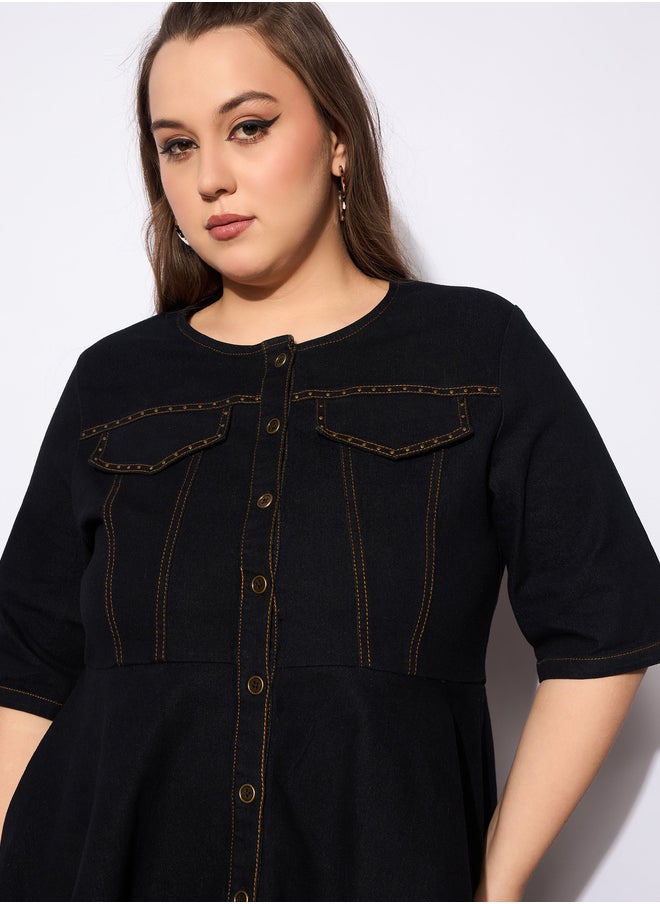 SASSAFRAS Plus Size Plain Denim Peplum Top and Jeans Co-Ords  - Image 4