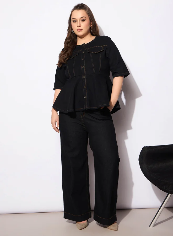 SASSAFRAS Plus Size Plain Denim Peplum Top and Jeans Co-Ords