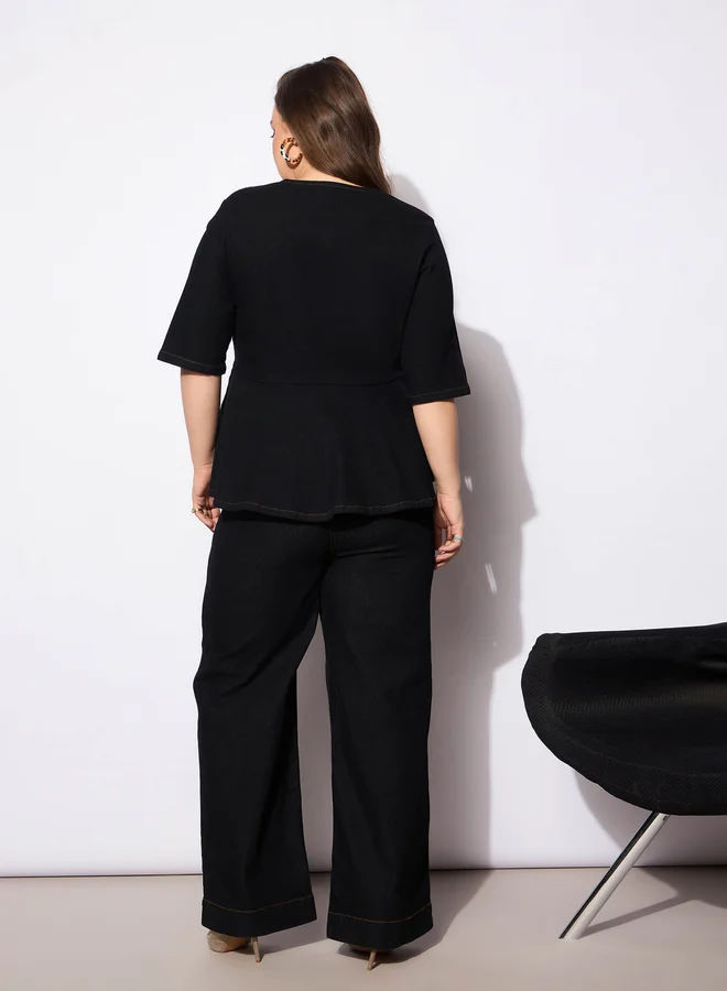 SASSAFRAS Plus Size Plain Denim Peplum Top and Jeans Co-Ords