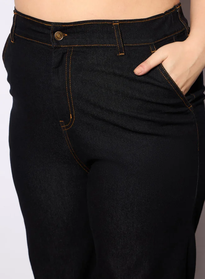 SASSAFRAS Plus Size Plain Denim Peplum Top and Jeans Co-Ords