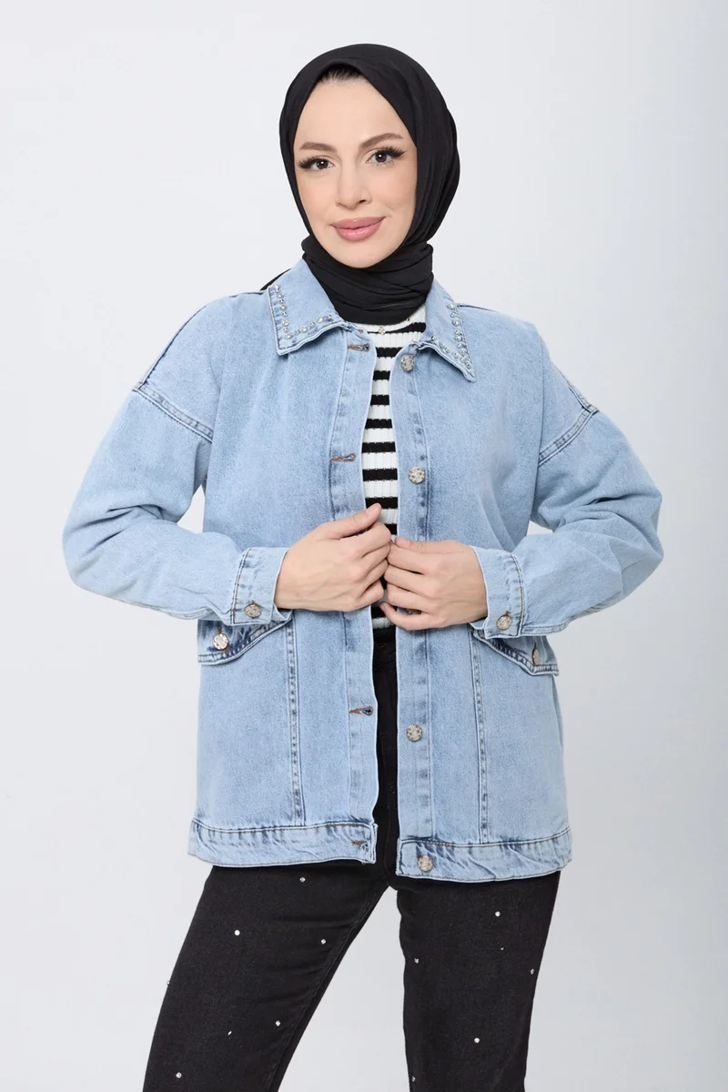 Tofisa 23622-ICE-BLUE Stone Detailed Denim Jacket