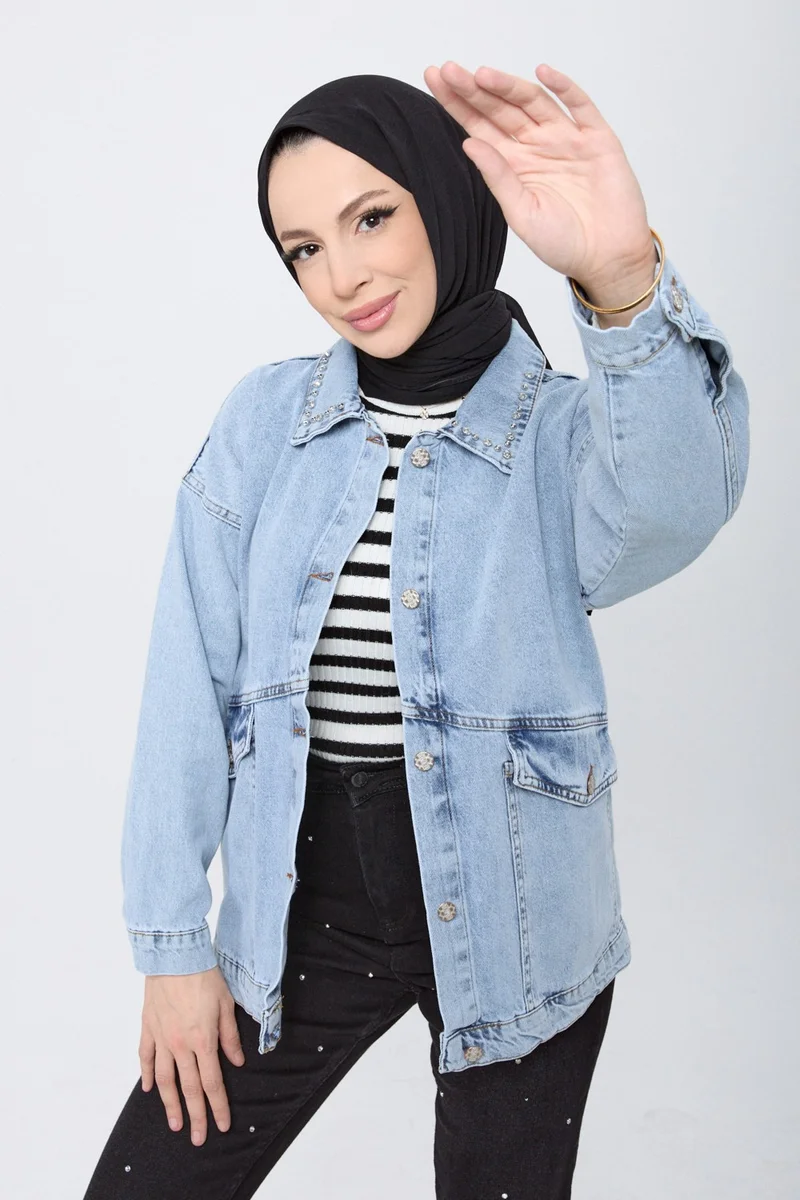 Tofisa 23622-ICE-BLUE Stone Detailed Denim Jacket