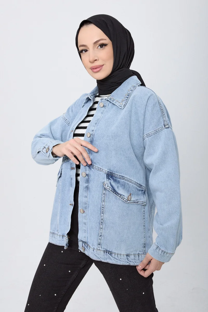 Tofisa 23622-ICE-BLUE Stone Detailed Denim Jacket