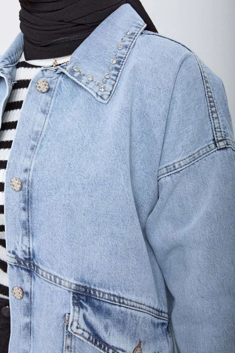 Tofisa 23622-ICE-BLUE Stone Detailed Denim Jacket