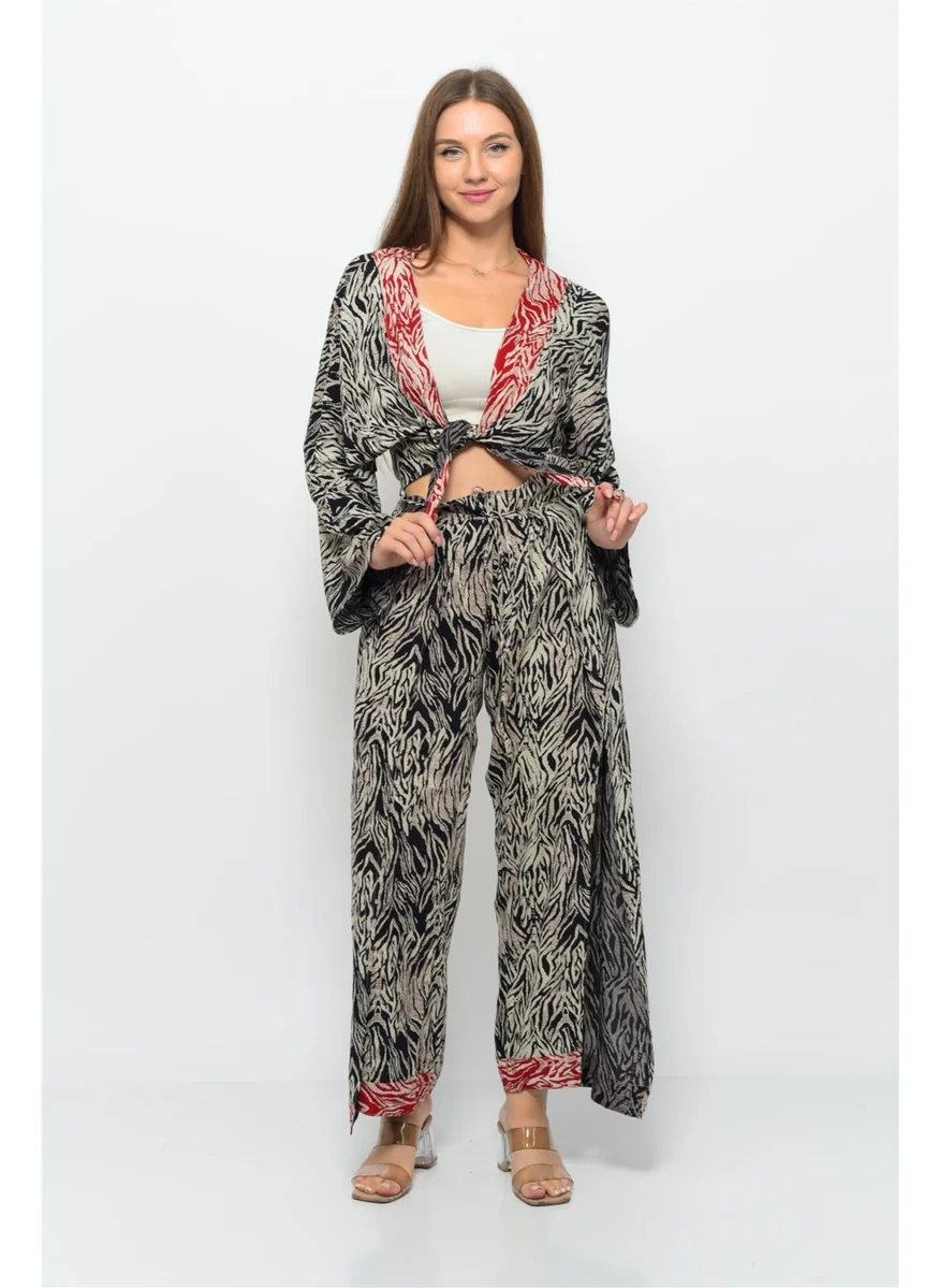 Nuseel Patterned Pareo Trousers & Crop Kimono Black Cream