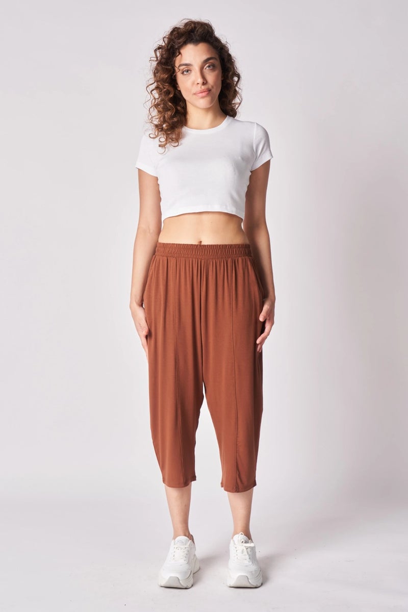 Defy's Women's Elastic Waist Stitch Detailed Shalwar Trousers Brown  - Image 1