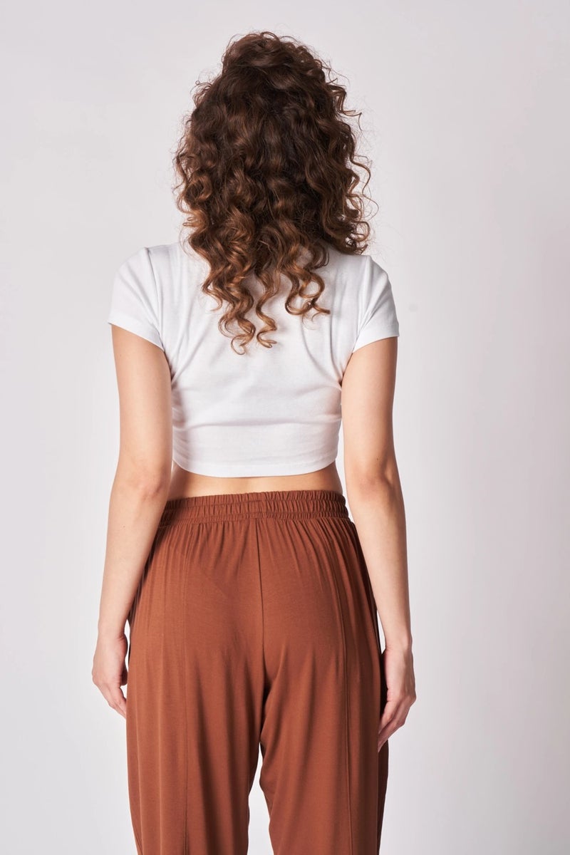 Defy's Women's Elastic Waist Stitch Detailed Shalwar Trousers Brown  - Image 4