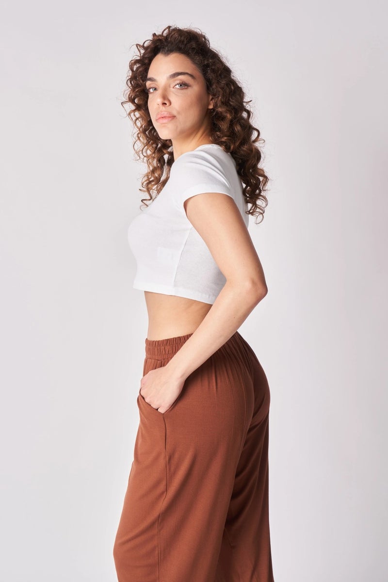 Defy's Women's Elastic Waist Stitch Detailed Shalwar Trousers Brown  - Image 3