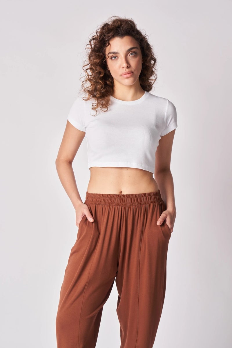 Defy's Women's Elastic Waist Stitch Detailed Shalwar Trousers Brown  - Image 2