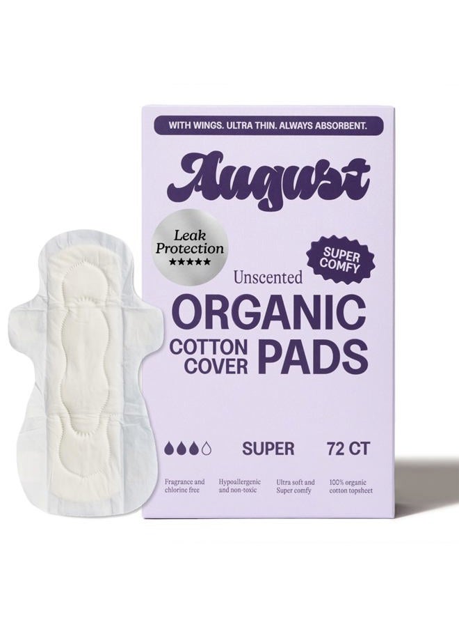 August Super Cotton Menstrual Pads, 72-Pack Ultra Thin Pads with Wings, Hypoallergenic Sanitary Napkins with Organic Cotton Topsheet, Compostable Wrappers, Toxin Free, Fragrance Free - Image 1
