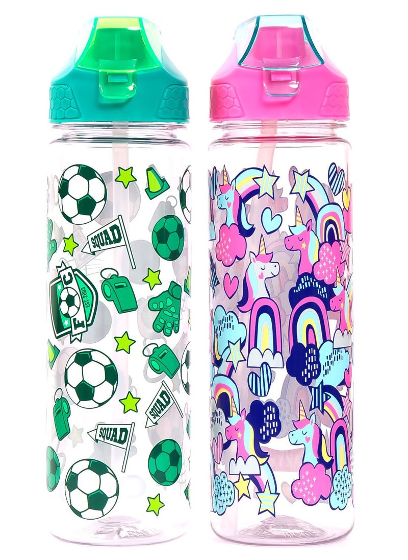 Eazy Kids Tritan Water Bottle w/ 2in1 drinking Flip lid and Sipper Soccer-Green 650ml