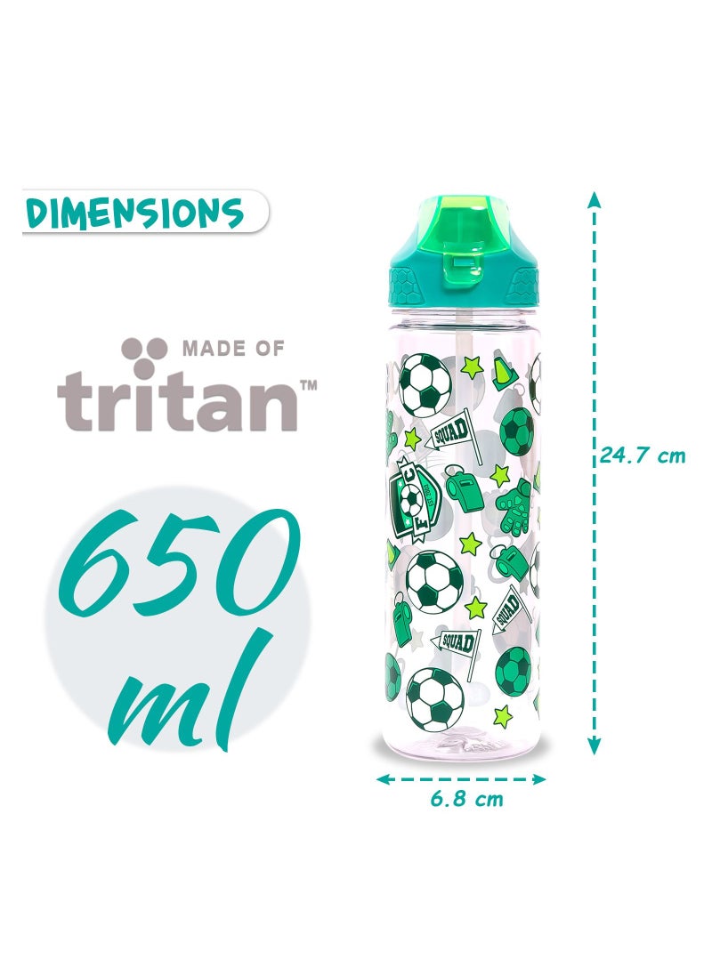 Eazy Kids Tritan Water Bottle w/ 2in1 drinking Flip lid and Sipper Soccer-Green 650ml