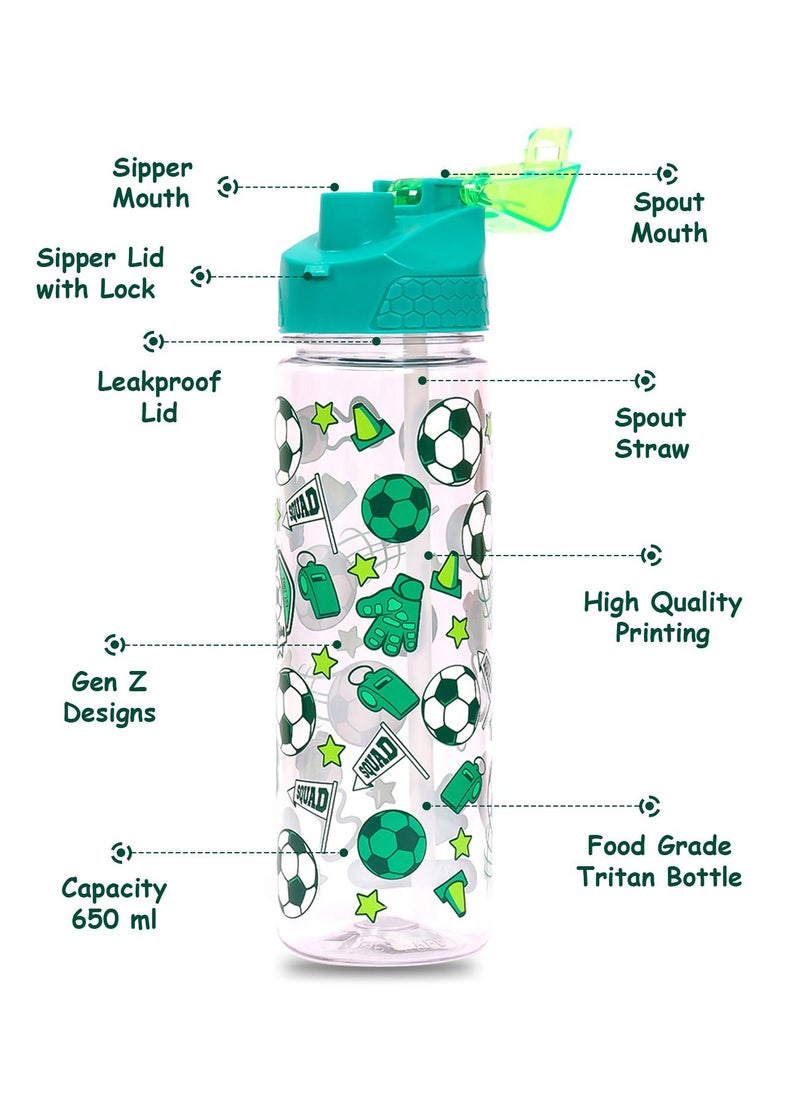 Eazy Kids Tritan Water Bottle w/ 2in1 drinking Flip lid and Sipper Soccer-Green 650ml