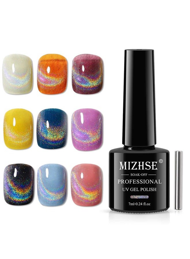 MIZHSE طلاء أظافر جل قطة العين قوس قزح العالمي، طلاء جل مغناطيسي 9D قطة العين هولوجرافيك مع عصا مغناطيسية، طلاء جل كروم لامع، طلاء جل قابل للإزالة لفن الأظافر، صالون مانيكير DIY في المنزل - Image 1