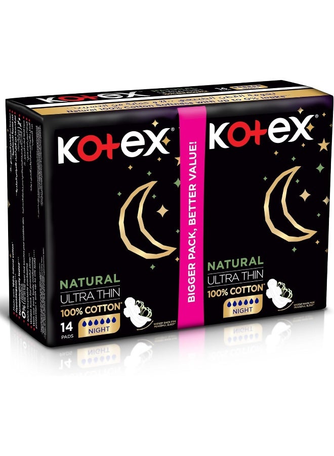 Kotex Natural Ultra Thin Pads, 100% Cotton Pad, Overnight Protection Sanitary Pads with Wings, 14 Sanitary Pads - Image 2