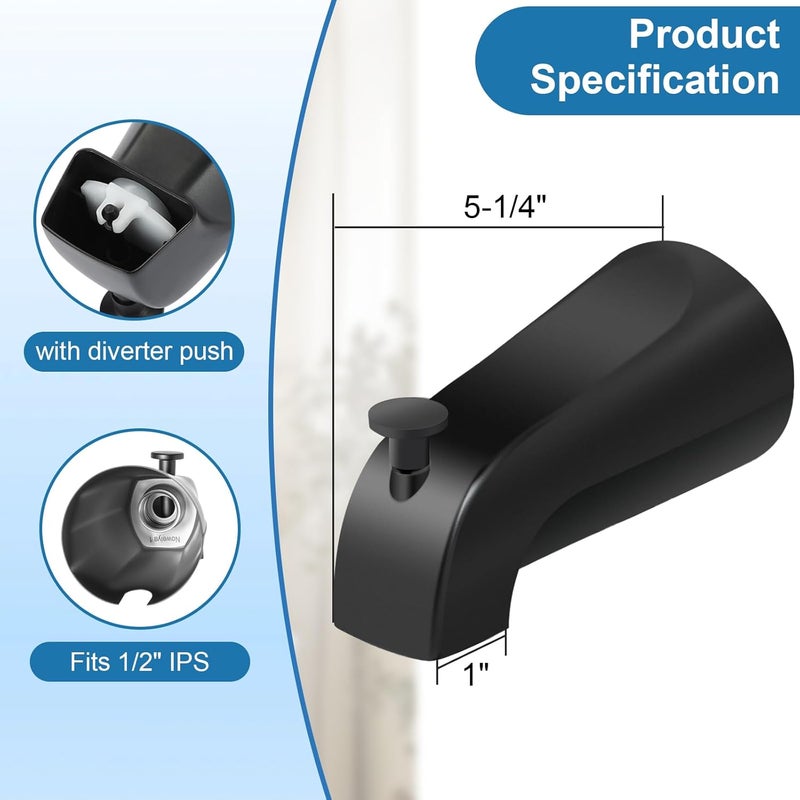 Coolfell 5 1/4 Inch Bathroom Matte Black Tub Spout, Compatible with Westbrass E531D-1F-62, Bathtub Faucet for Wall Front Mount,Tub Spout with Shower Diverter for 1/2'' IPS Inside Thread - Image 2