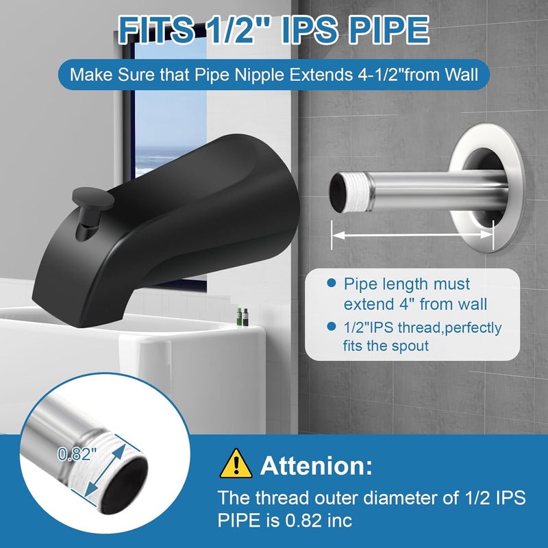 Coolfell 5 1/4 Inch Bathroom Matte Black Tub Spout, Compatible with Westbrass E531D-1F-62, Bathtub Faucet for Wall Front Mount,Tub Spout with Shower Diverter for 1/2'' IPS Inside Thread - Image 3