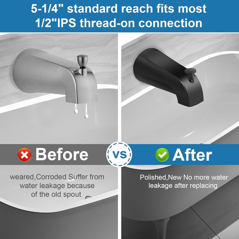 Coolfell 5 1/4 Inch Bathroom Matte Black Tub Spout, Compatible with Westbrass E531D-1F-62, Bathtub Faucet for Wall Front Mount,Tub Spout with Shower Diverter for 1/2'' IPS Inside Thread - Image 5