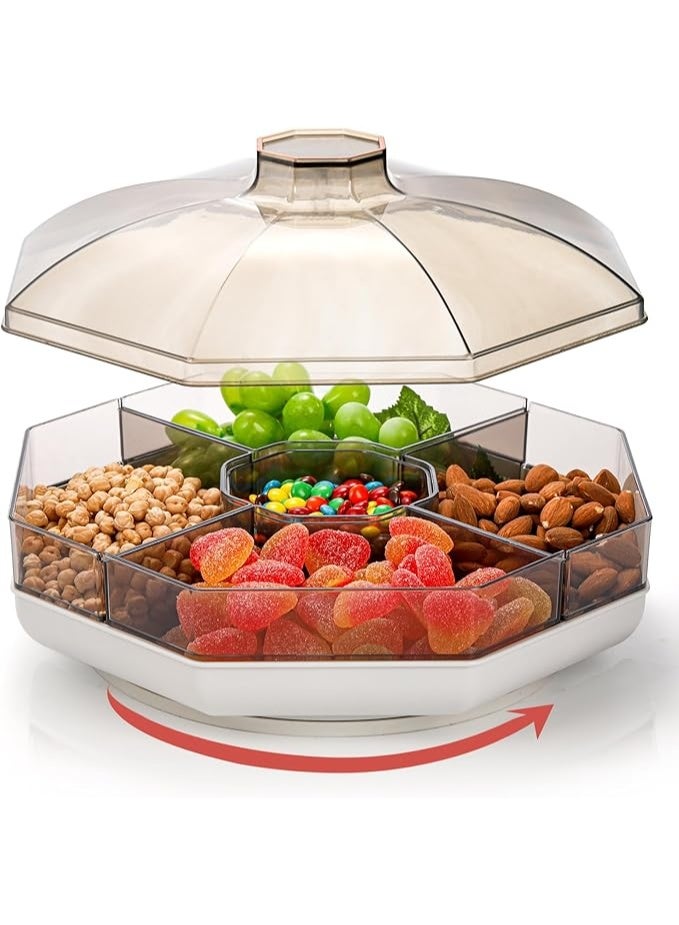 DUNISO Rotating Snack Tray with Lid, Plastic Divided Serving Dishes, 5 Compartment Round Appetizer Platter,Waterproof, Detachable，for Dried Fruits, Nuts, Candies, Veggie, Cookies - Image 1