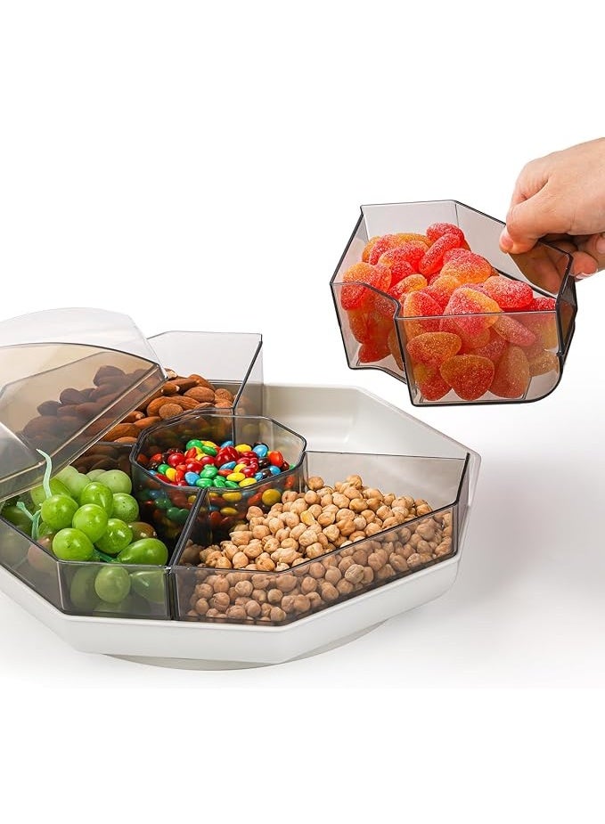 DUNISO Rotating Snack Tray with Lid, Plastic Divided Serving Dishes, 5 Compartment Round Appetizer Platter,Waterproof, Detachable，for Dried Fruits, Nuts, Candies, Veggie, Cookies - Image 5