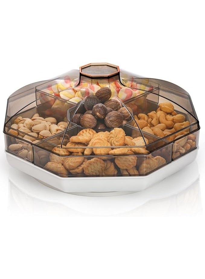 DUNISO Rotating Snack Tray with Lid, Plastic Divided Serving Dishes, 5 Compartment Round Appetizer Platter,Waterproof, Detachable，for Dried Fruits, Nuts, Candies, Veggie, Cookies - Image 3