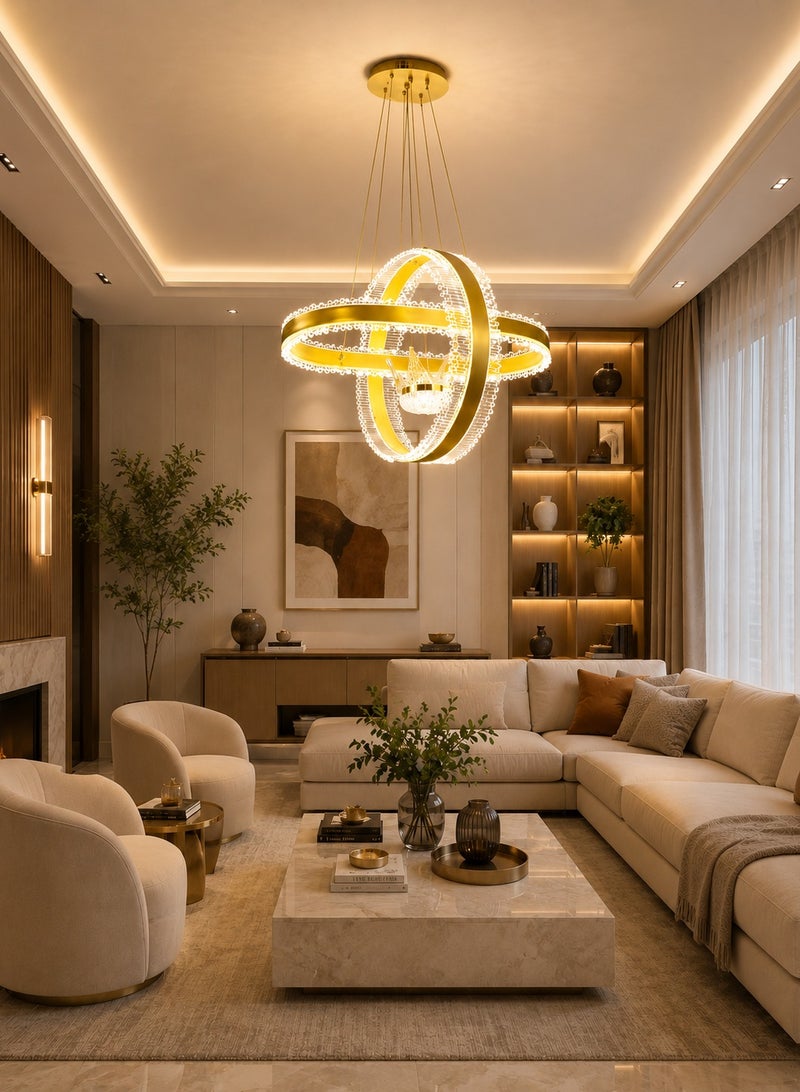 AL THURAYAT Modern Gold LED Ceiling Chandelier 50cm – Interlocking Ring Design with Remote Control, Luxury Living Room & Hall Ceiling Light - Image 5