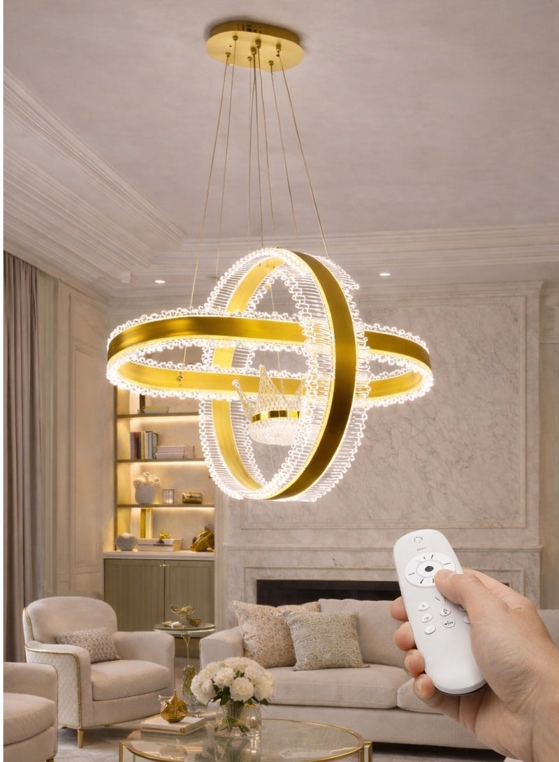 AL THURAYAT Modern Gold LED Ceiling Chandelier 50cm – Interlocking Ring Design with Remote Control, Luxury Living Room & Hall Ceiling Light - Image 1
