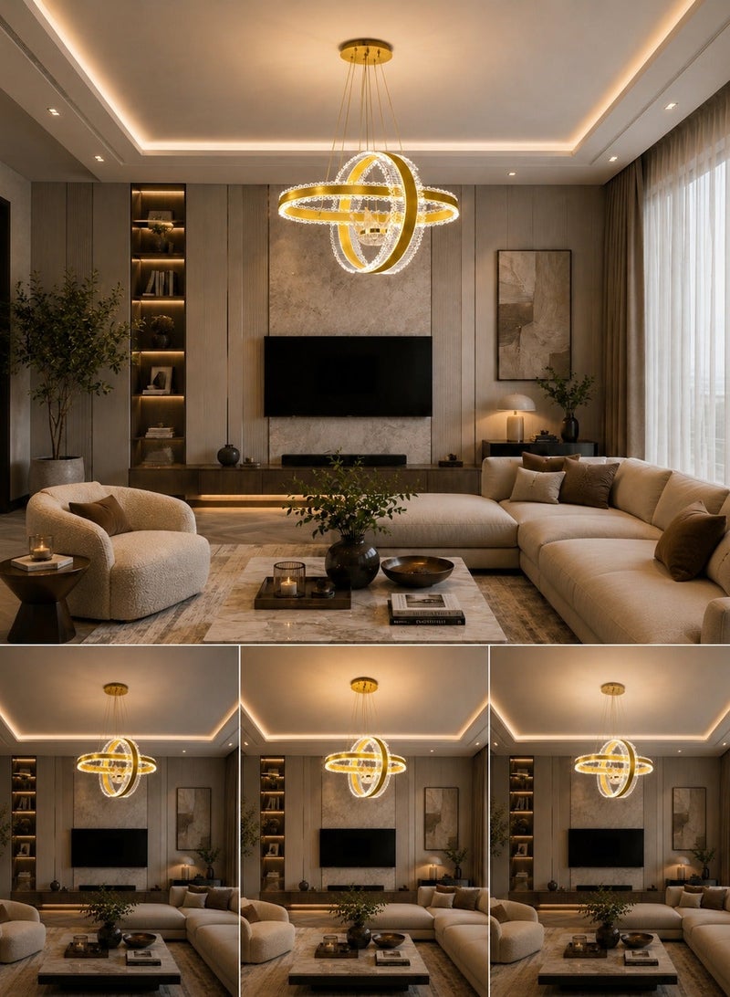 AL THURAYAT Modern Gold LED Ceiling Chandelier 50cm – Interlocking Ring Design with Remote Control, Luxury Living Room & Hall Ceiling Light - Image 2