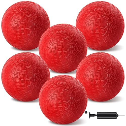 HSLCGF 6 Pcs Dodgeballs 85 Inch Playground Ball Red Kickball Inflatable Rubber Handball Bouncy Dodge Ball with 1 Hand Pump for Outdoors Ball Games Gym Camps Picnic Needle is at The Top of the Pump - Image 1