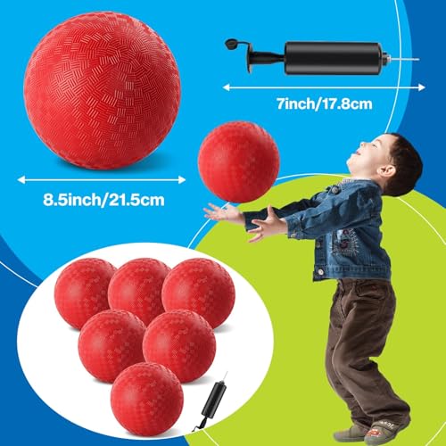 HSLCGF 6 Pcs Dodgeballs 85 Inch Playground Ball Red Kickball Inflatable Rubber Handball Bouncy Dodge Ball with 1 Hand Pump for Outdoors Ball Games Gym Camps Picnic Needle is at The Top of the Pump - Image 5