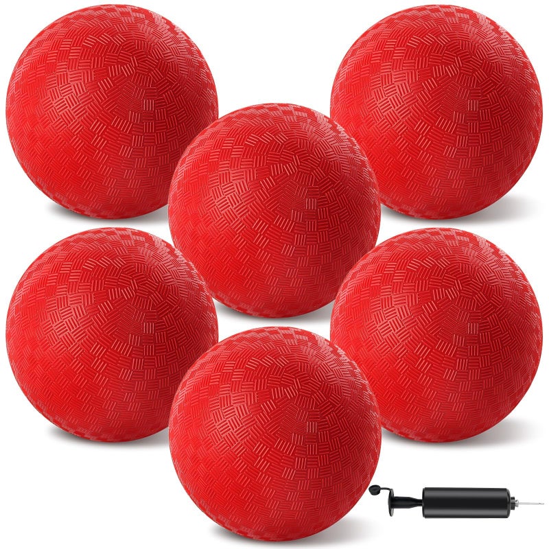 HSLCGF 6 Pcs Dodgeballs 85 Inch Playground Ball Red Kickball Inflatable Rubber Handball Bouncy Dodge Ball with 1 Hand Pump for Outdoors Ball Games Gym Camps Picnic Needle is at The Top of the Pump - Image 2