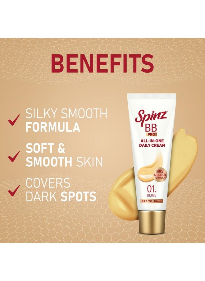 Spinz - Bb Pro Brightening & Beauty Face Cream With Spf 20 Pa++ (Beige 01) | Allinone Daily Cream With Silky Smooth Formula | Instant Brightness Covers Dark Spots (29G) - Image 1