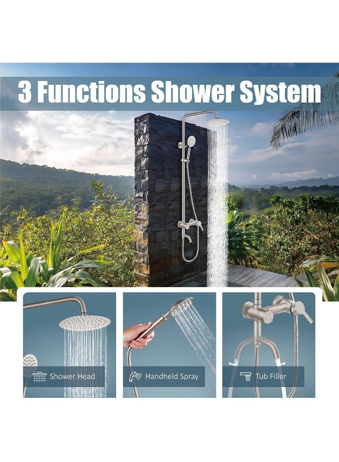 Aolemi Outdoor Shower Faucet SUS304 Triple Function Brushed Nickel Wall Mounted Stainless Steel Shower Fixture Kit with Hand Spray 8" Rain Shower Head - Image 2