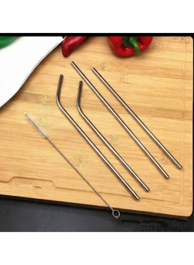 ​5-Piece Stainless Steel Straw Set (Silver) – 4 Reusable Metal Straws with Cleaning Brush – Elegant & Eco-Friendly
