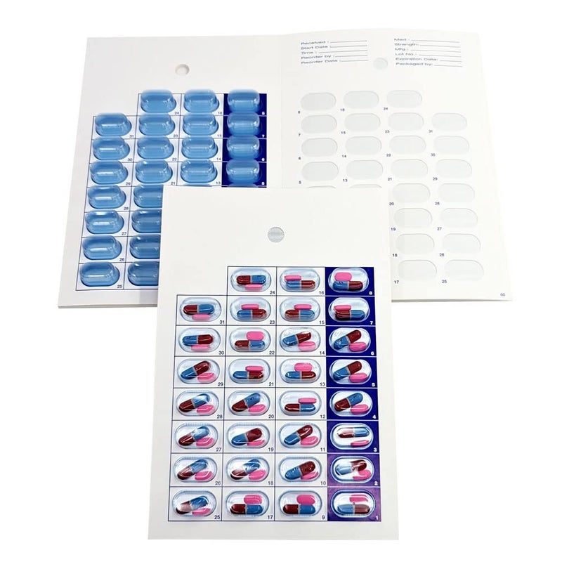 100 Pack Monthly or Weekly Cold Seal Medication Blister Pack System Cards One Piece Unit Dose Book Fold Easy No Extra Equipment Needed Just Fill and Seal 31 Day Monthly 100 Pack