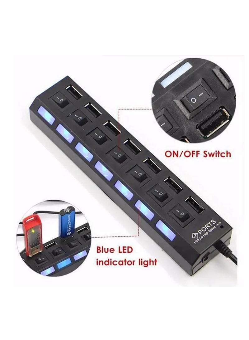 محور USB 2.0 بسبعة منافذ مع مفتاح مستقل باللون الأسود - Image 1
