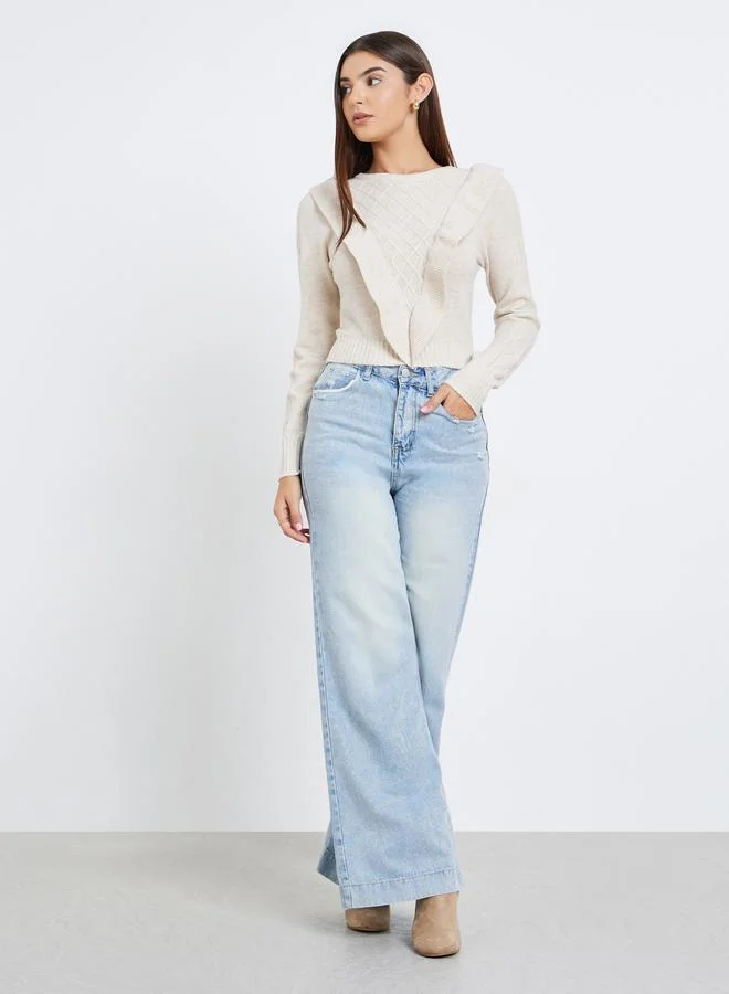 Take Two Beige Cable Knit Sweater with Ruffle Detail