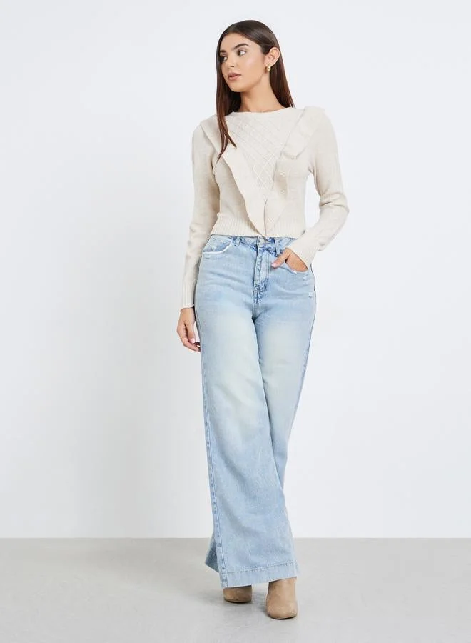 Take Two Beige Cable Knit Sweater with Ruffle Detail