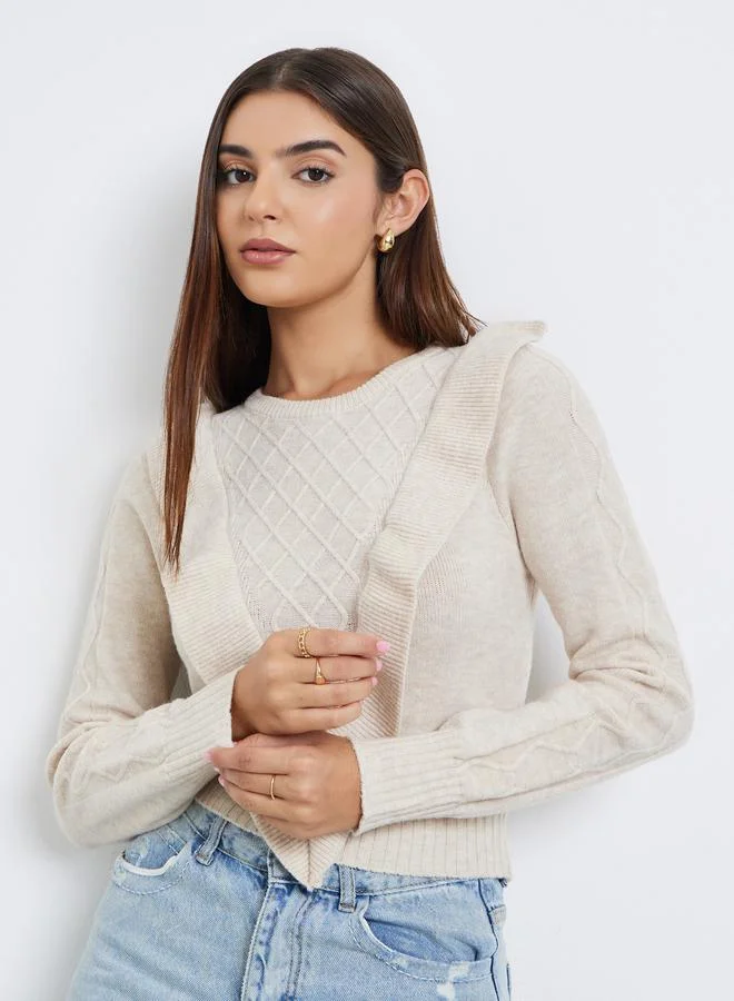 Take Two Beige Cable Knit Sweater with Ruffle Detail
