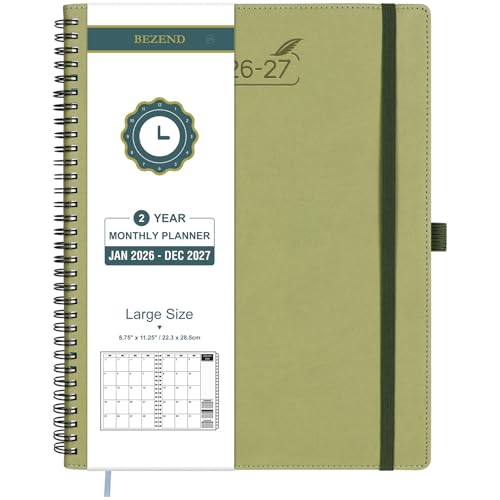 BEZEND Monthly Planner 2026-2027 (Spiral-8.5" x 11") 2 Year Calendar Book with Note Pages - Jan 26 to Dec 27-120 GSM Paper, Inner Pockets, Laminated Tabs, Vegan Leather Softcover - Kiwi - Image 1
