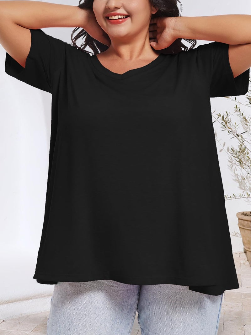 JOELLYUS Women Plus Size V Neck T Shirts Short Sleeve Summer Tops Loose Fit Tee Shirt Casual Blouse(Black,3XL) - Image 3