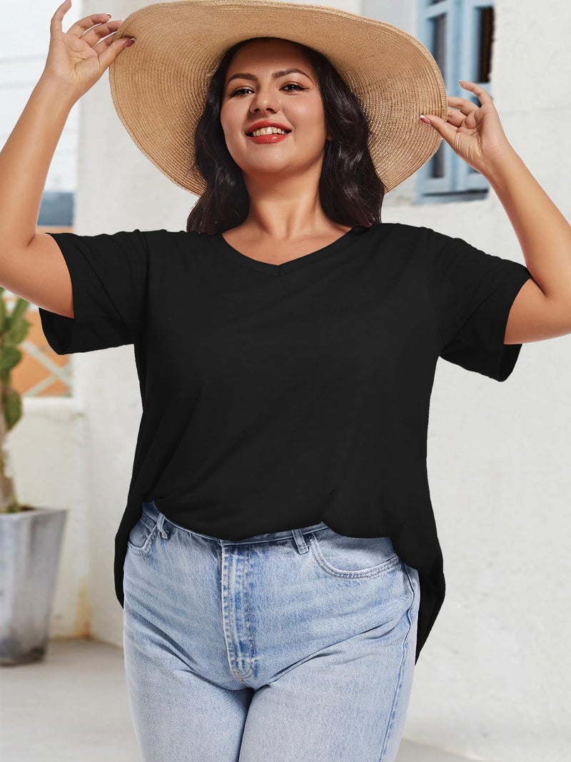 JOELLYUS Women Plus Size V Neck T Shirts Short Sleeve Summer Tops Loose Fit Tee Shirt Casual Blouse(Black,3XL) - Image 5
