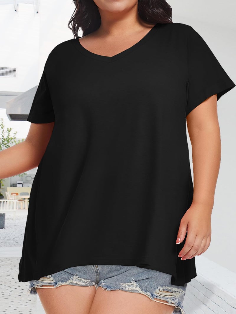 JOELLYUS Women Plus Size V Neck T Shirts Short Sleeve Summer Tops Loose Fit Tee Shirt Casual Blouse(Black,3XL) - Image 4