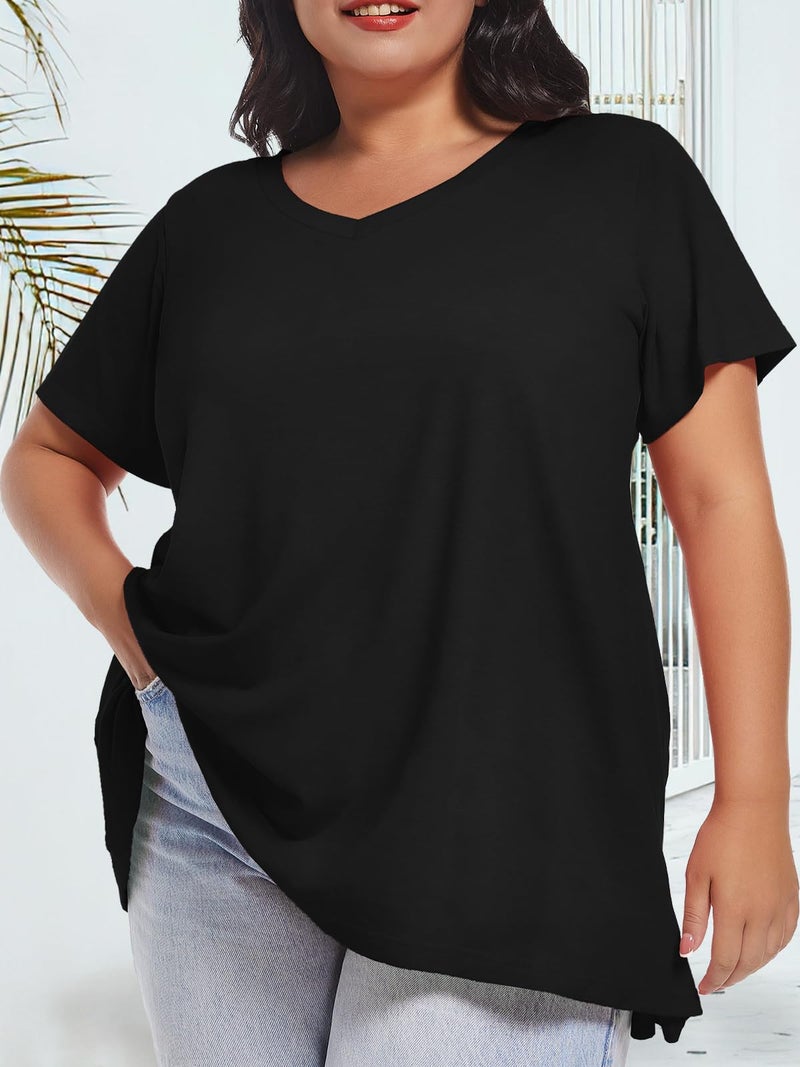 JOELLYUS Women Plus Size V Neck T Shirts Short Sleeve Summer Tops Loose Fit Tee Shirt Casual Blouse(Black,3XL) - Image 2